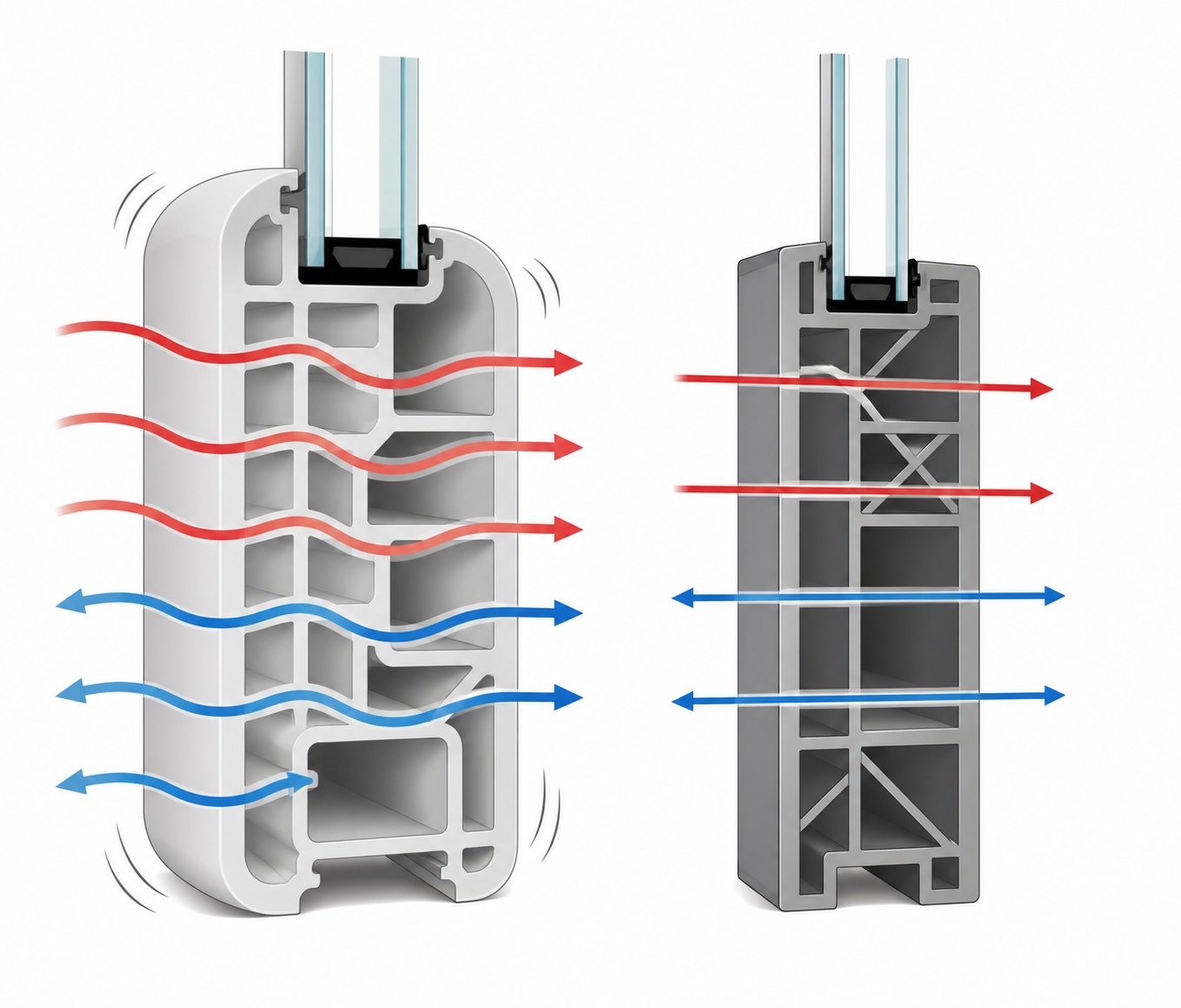 Simple visual comparison of heat flow and frame stability in vinyl and fiberglass windows