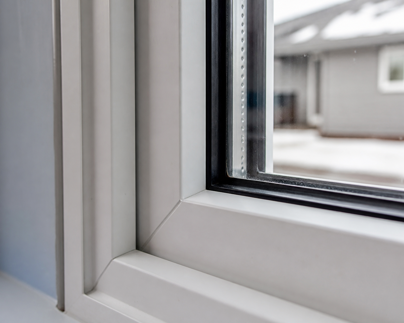 Macro close-up of a vinyl window frame corner showing welded joint, weatherstripping, and insulated glass edge