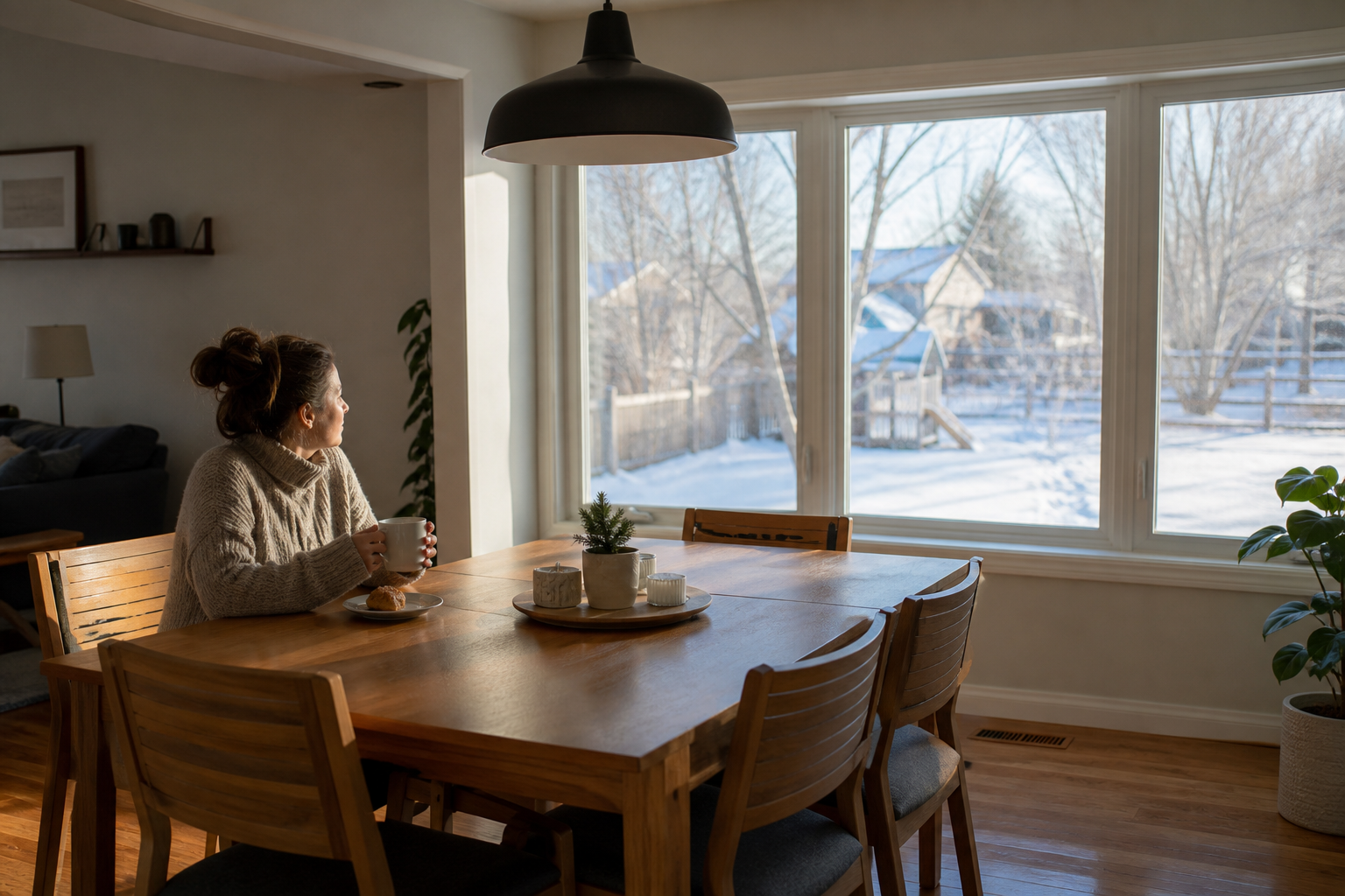 Bright dining room on a frosty winter morning with large windows, sunlight on the table, and a homeowner enjoying coffee