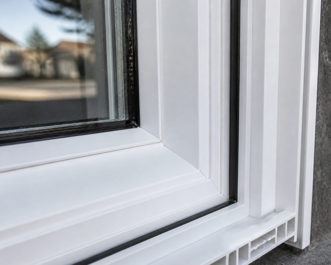 Close-up of a vinyl window frame corner showing weatherstripping, welded corner, and sealed double-pane glass edge