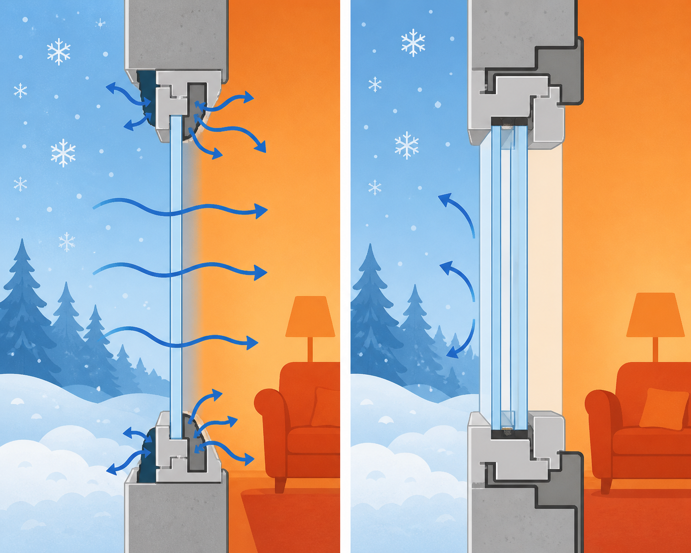 Simple illustration of heat loss and air leakage around a poorly chosen or poorly installed window