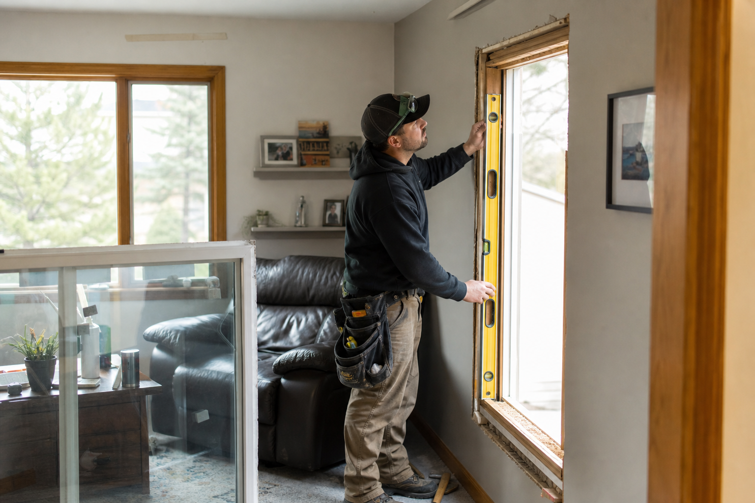 Installer measuring and levelling a vinyl window opening inside a home during replacement work