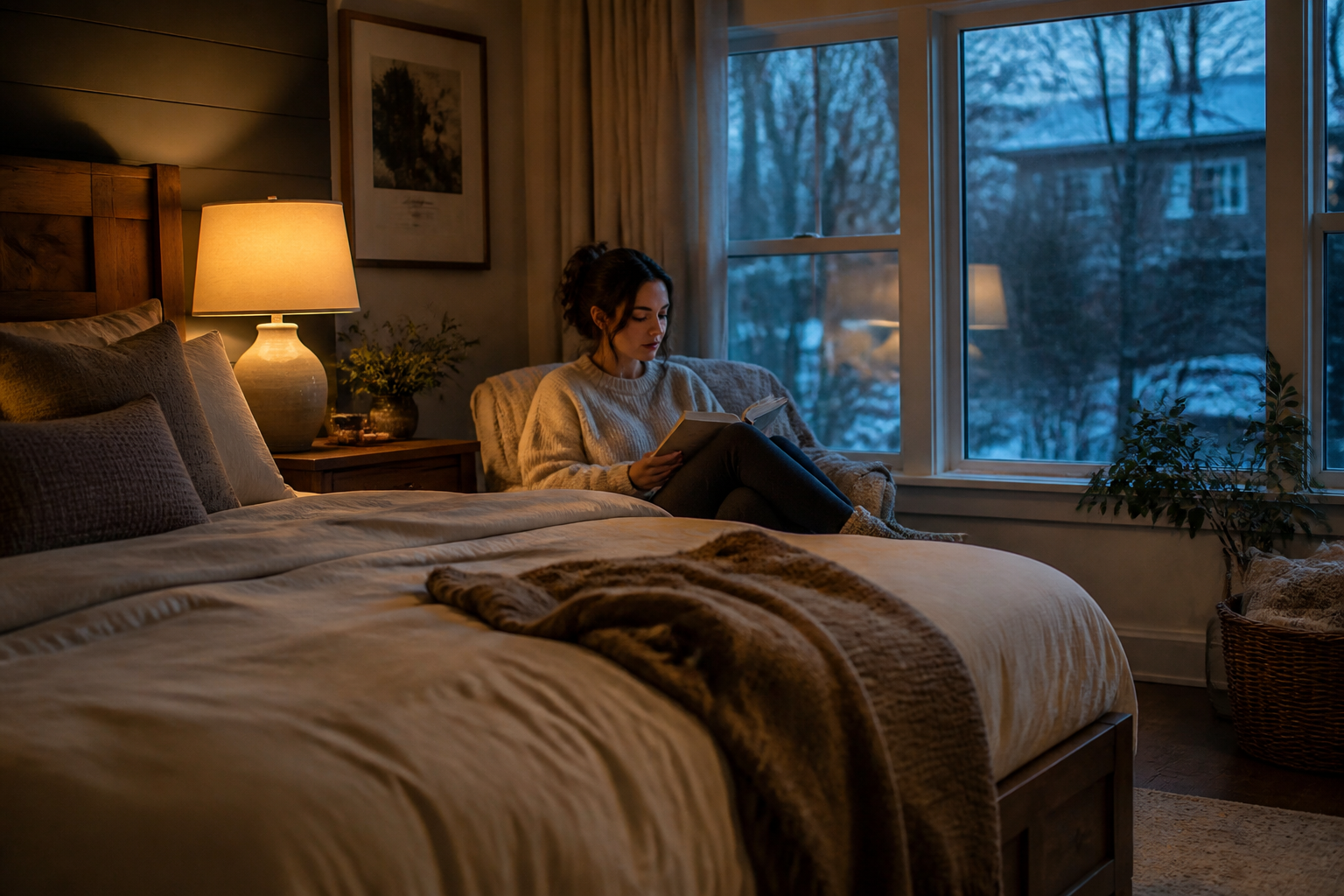Cozy bedroom at early-evening blue hour with warm bedside lamps glowing and large windows showing the cool blue outdoors