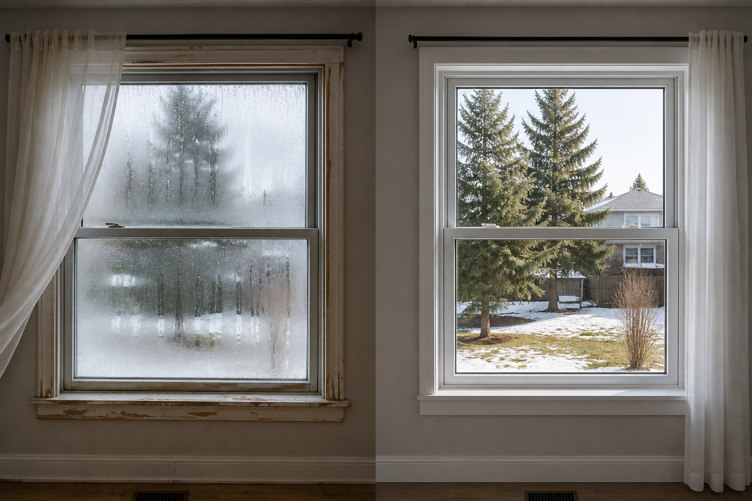 Split-view comparison of an old foggy drafty window beside a clear new vinyl window