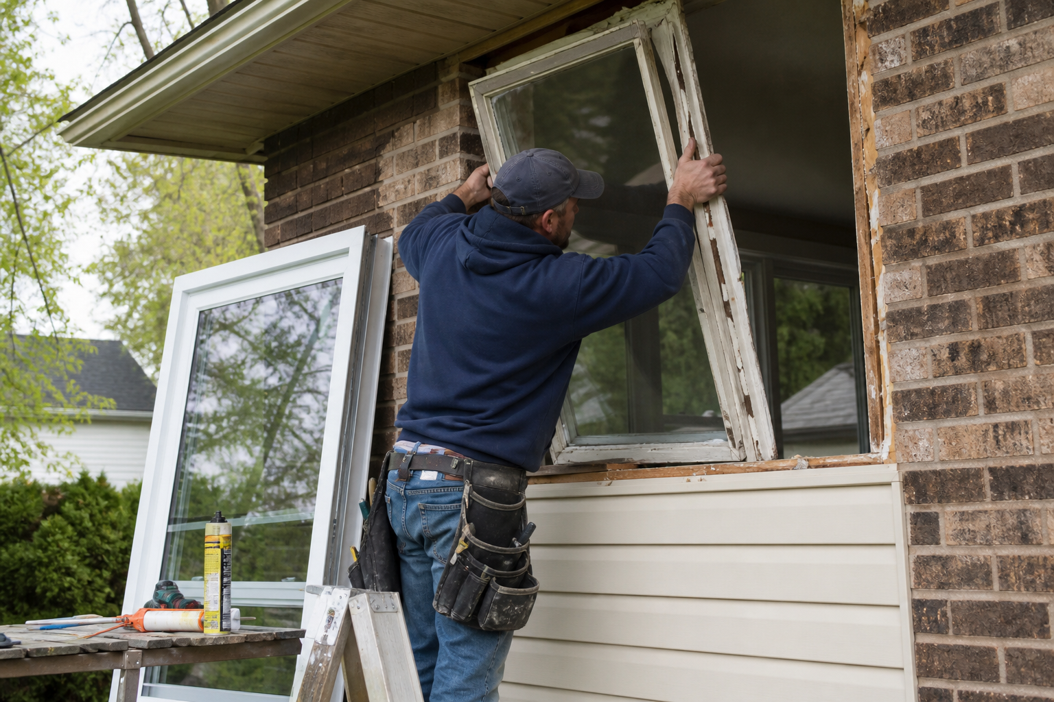 Installer removing an old window and preparing the opening for a new vinyl unit