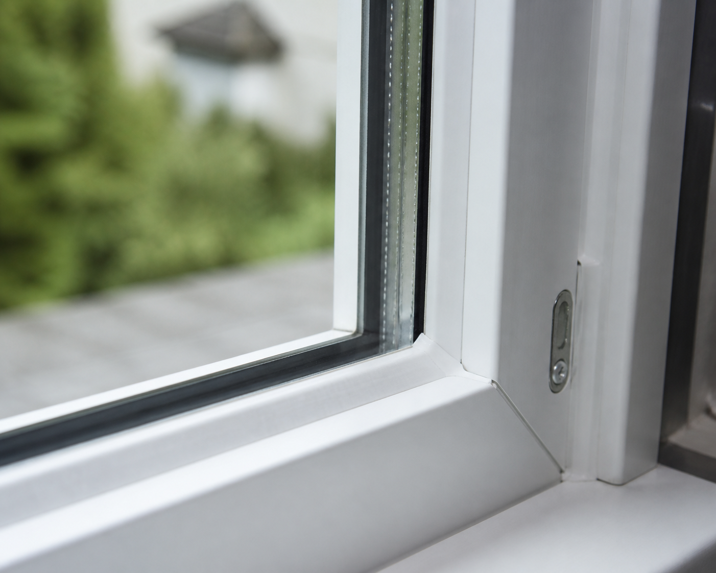 Macro close-up of vinyl window weatherstripping and sealed double-pane edge