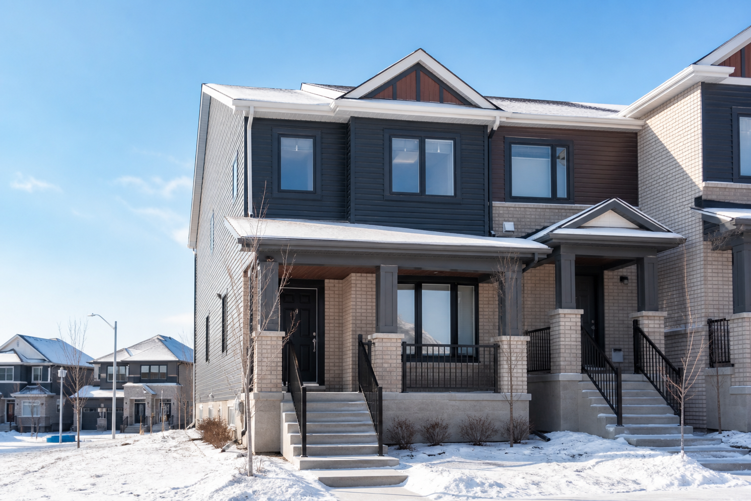Modern townhouse on a bright frosty day with large front windows and clean winter curb appeal