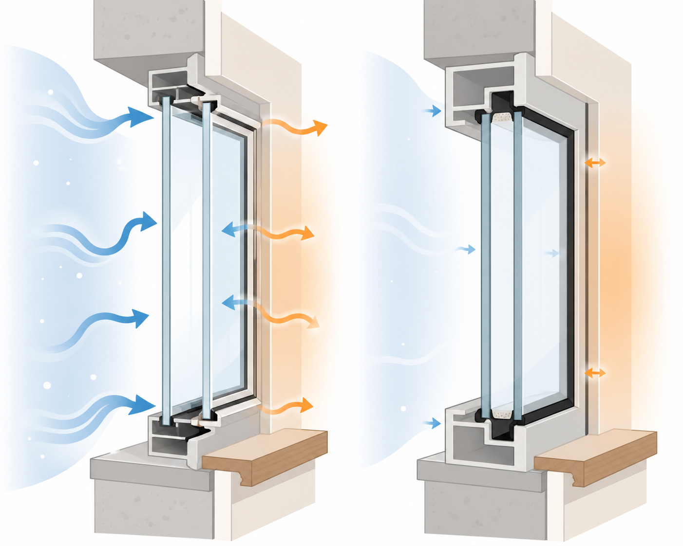 Simple visual comparison of air leaks and heat loss in an older window versus a newer sealed window