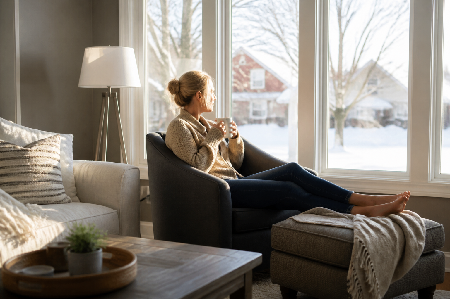 Bright winter living room with natural light coming through clear windows and a homeowner relaxing nearby