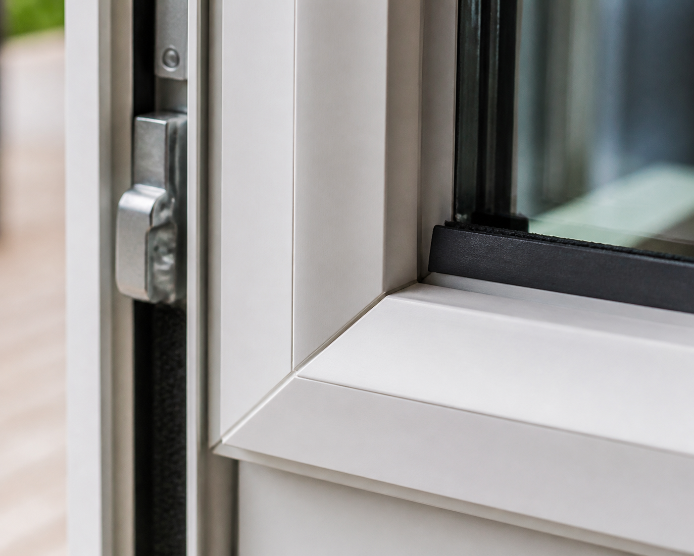 Close-up of modern vinyl window weatherstripping and locking hardware meeting tightly at the frame