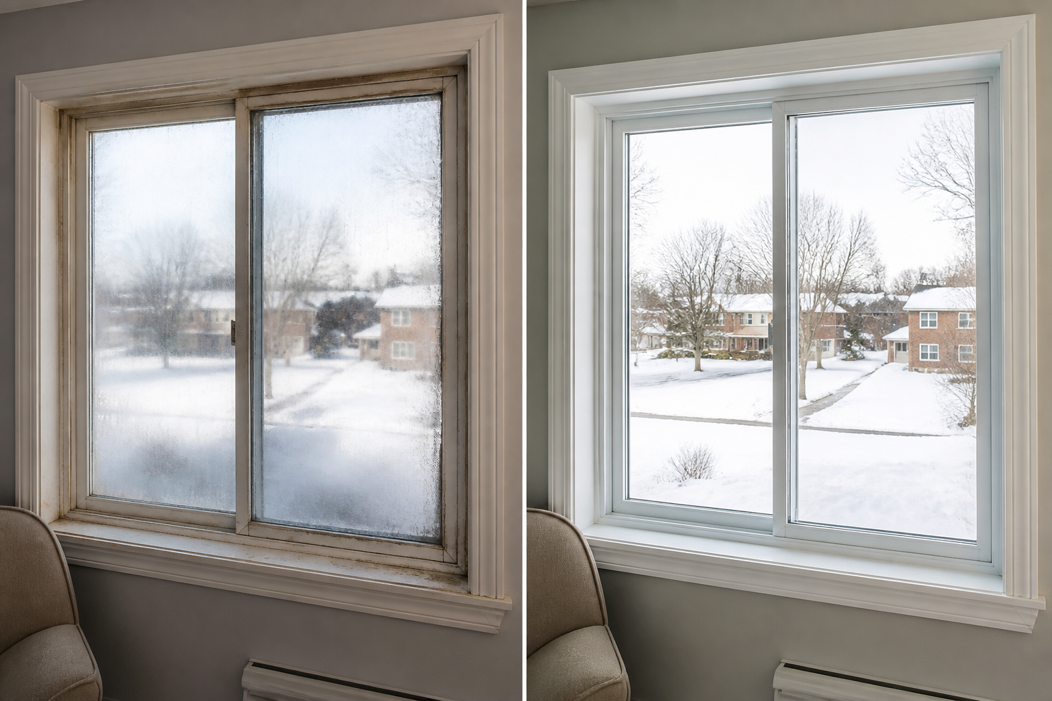Old condensation-covered window beside a clear modern replacement window in the same type of room