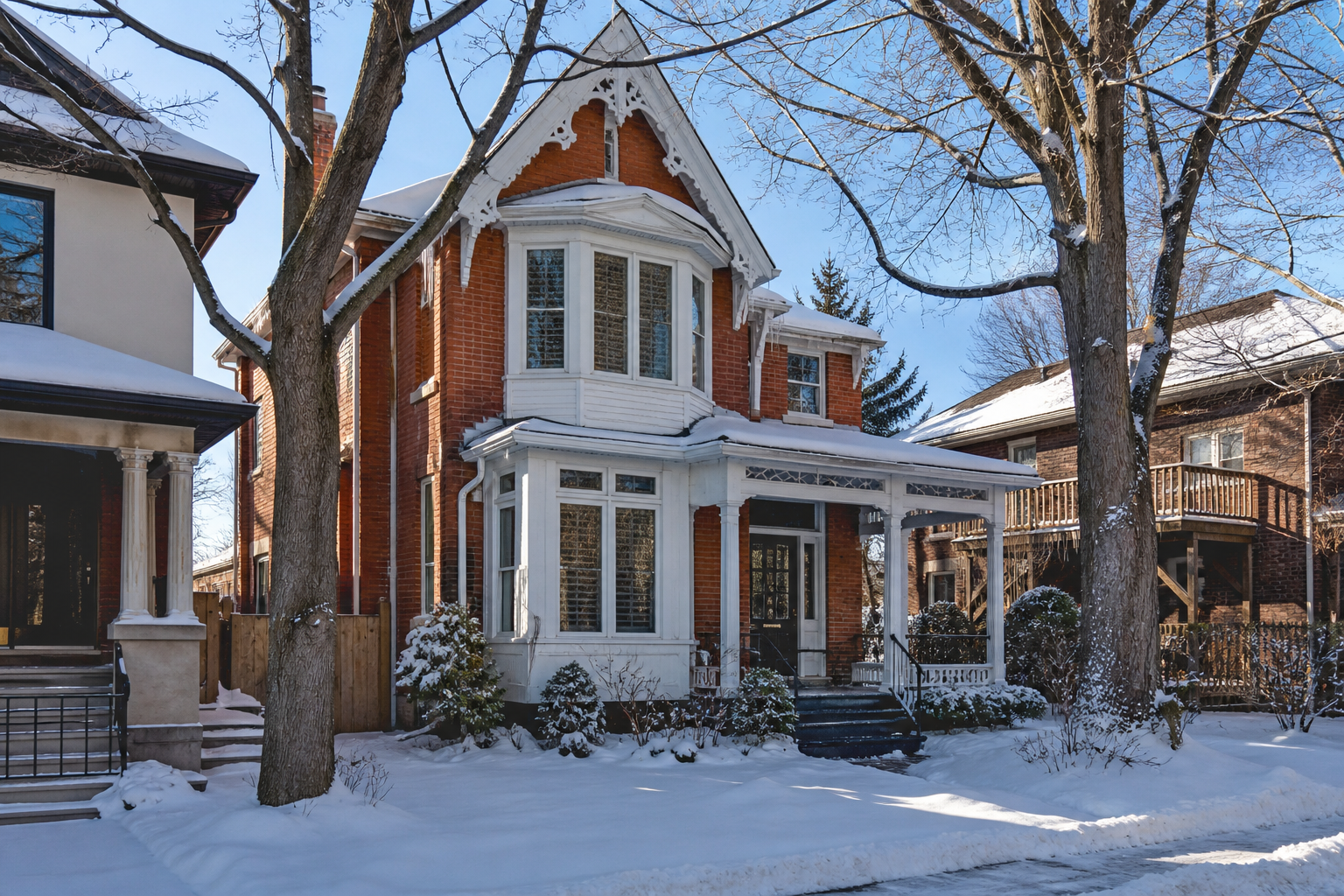 Century home with original character trim and new-looking windows on a bright winter morning with snow on the ground