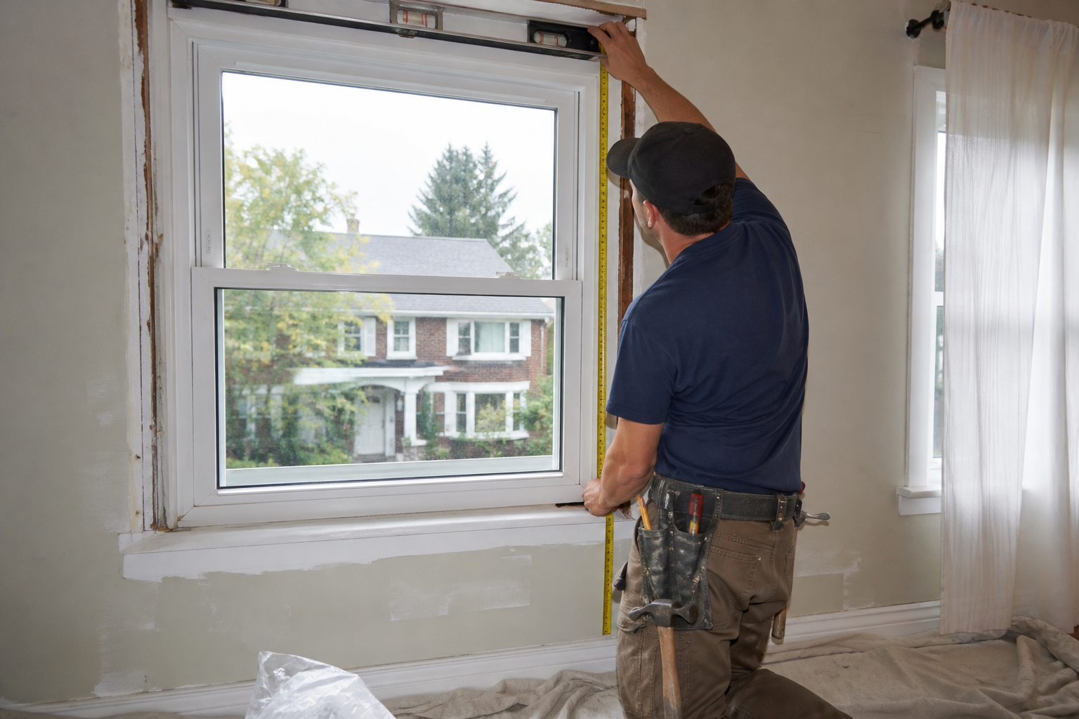 Installer measuring a window opening inside a home before replacement