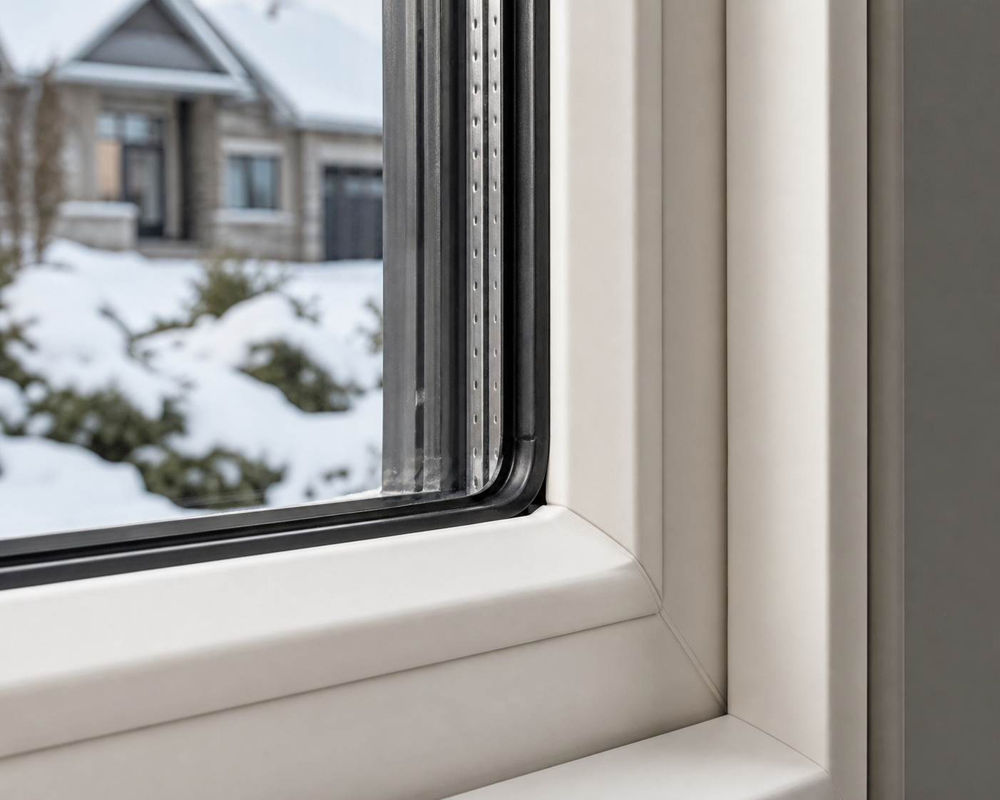 Close-up of vinyl window frame corner, weatherstripping, and sealed glass edge