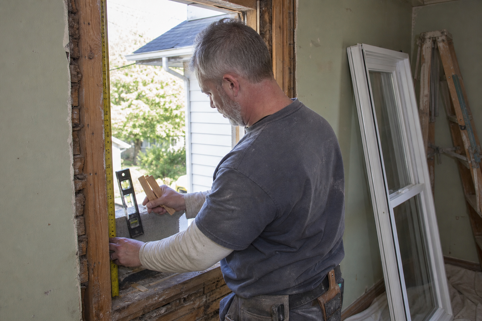 Installer measuring and levelling a new vinyl window opening during a replacement job