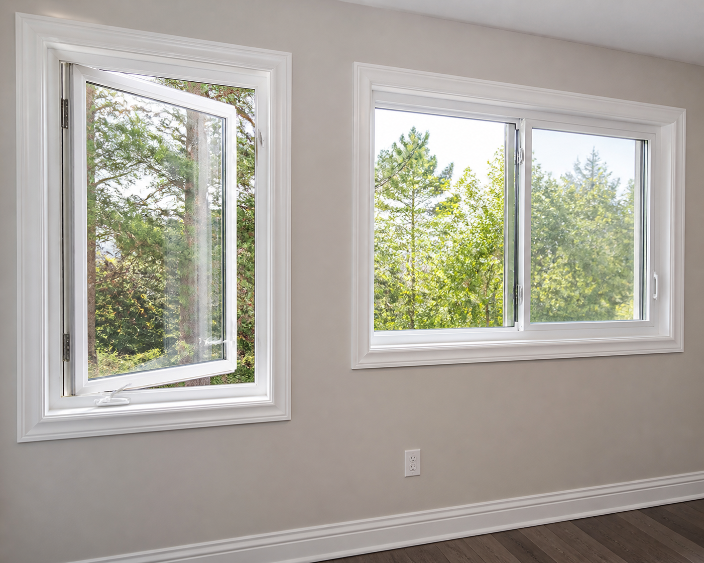 Side by side comparison of a casement window open outward and a slider window open sideways in similar vinyl frames