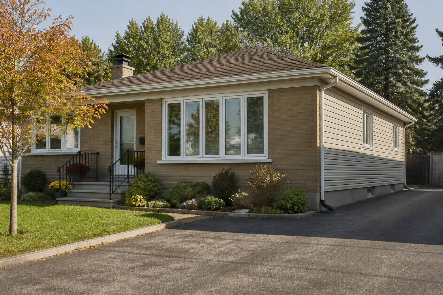 Exterior of an Ontario bungalow with a mix of front casement windows and side slider windows