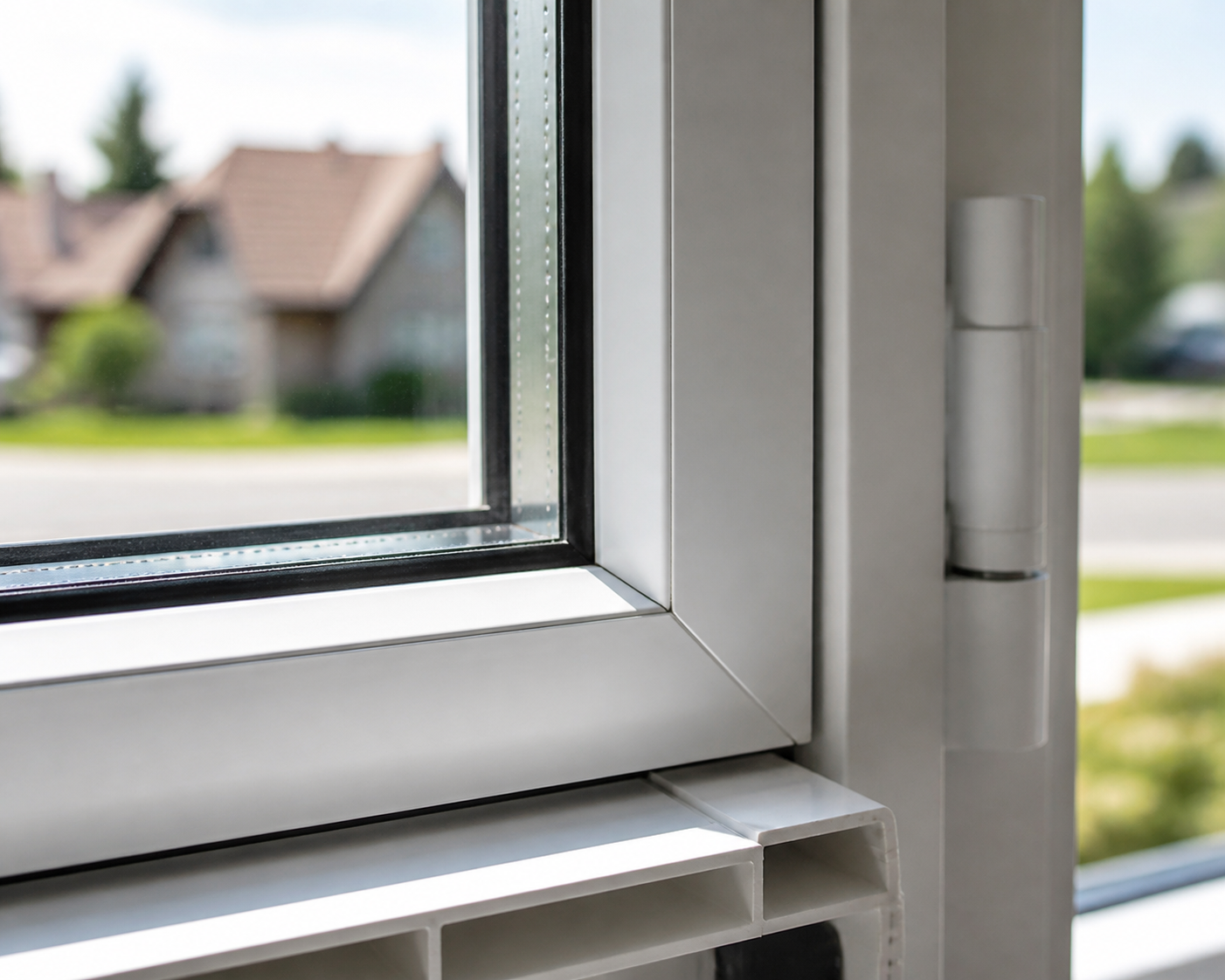 Close-up of a vinyl window corner showing sealed glass unit, weatherstripping, and welded frame detail