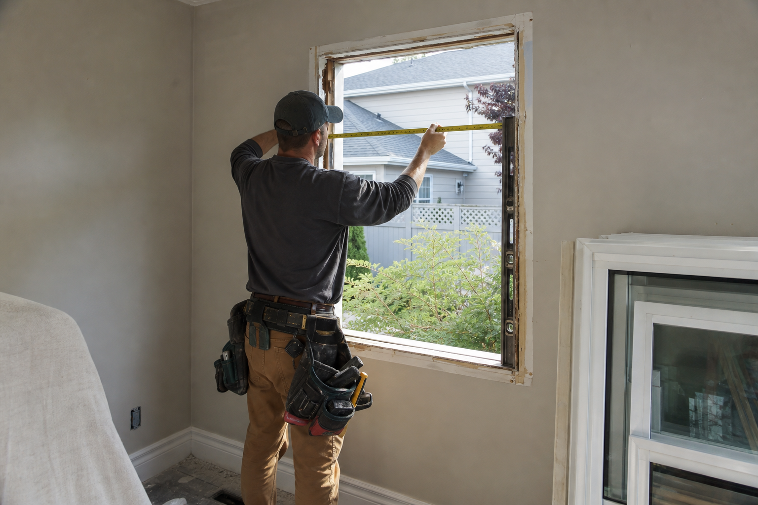 Installer measuring a window rough opening inside a home with tape measure and level