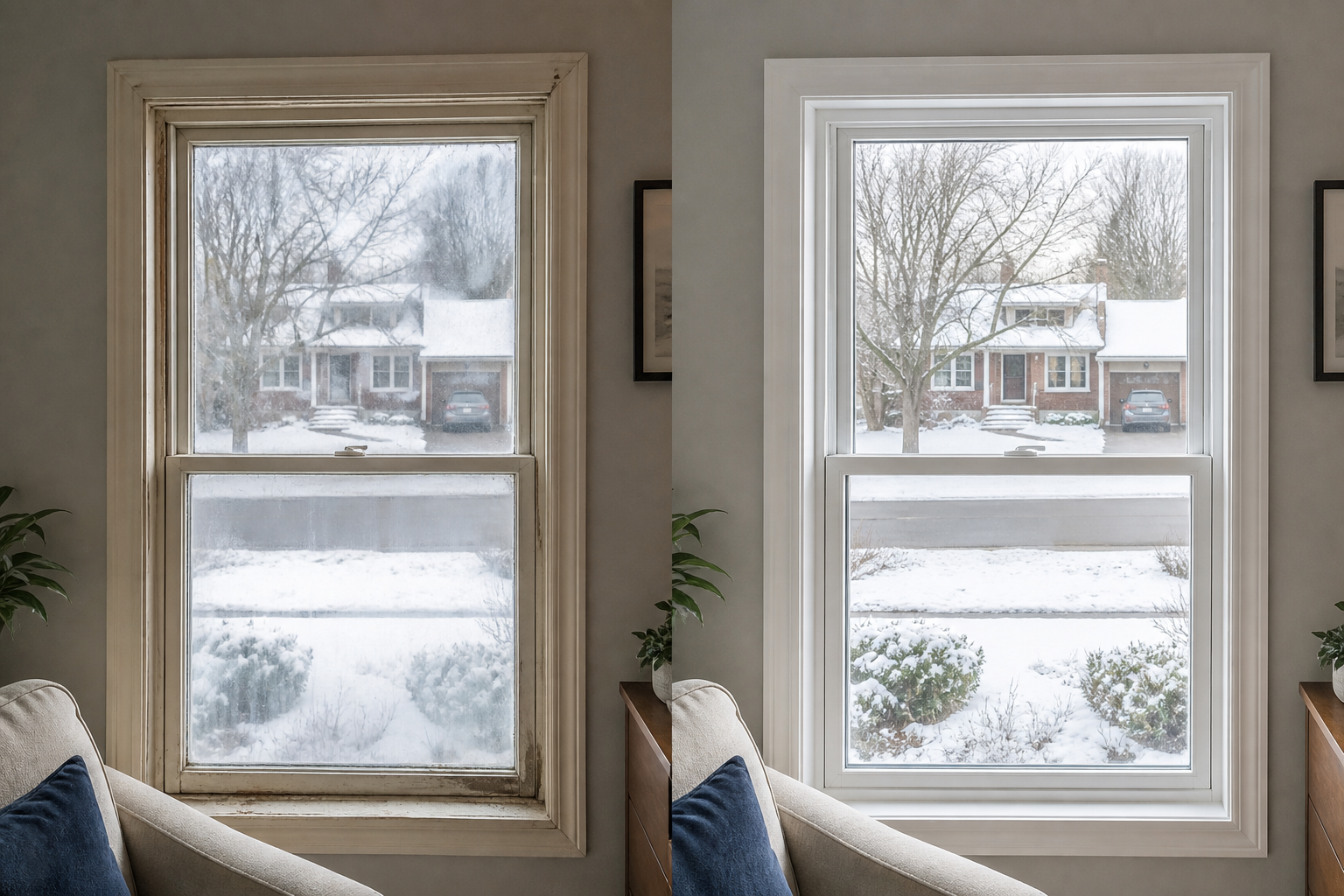 Side-by-side view of an older drafty window and a new vinyl replacement window
