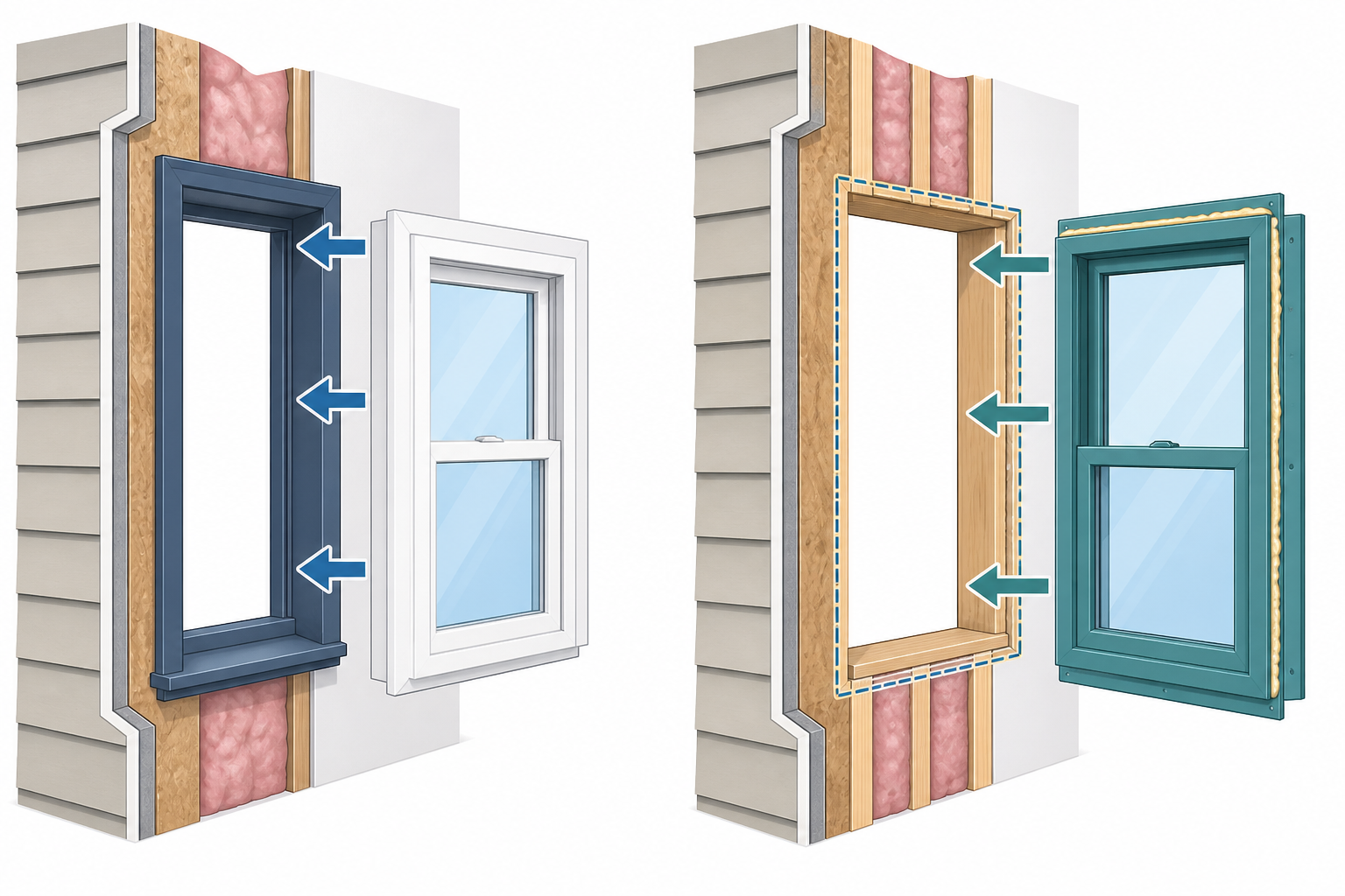 Simple visual diagram showing insert retrofit inside an existing frame versus full-frame replacement to the rough opening