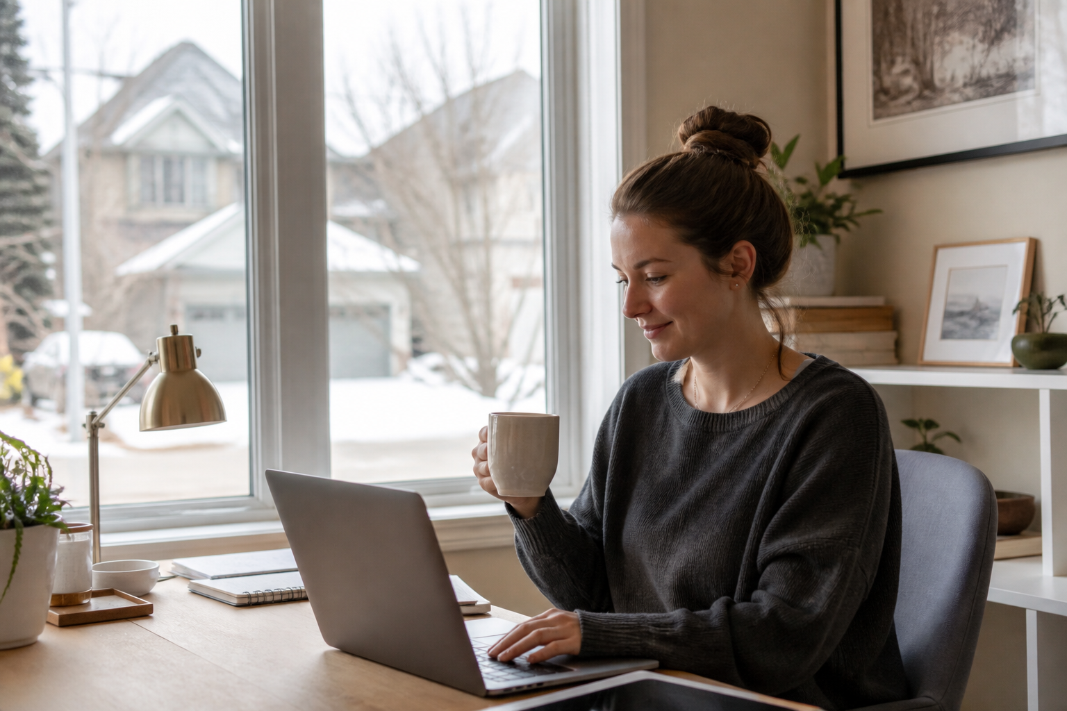 Home office nook beside large windows in soft overcast daylight with a homeowner working at a desk