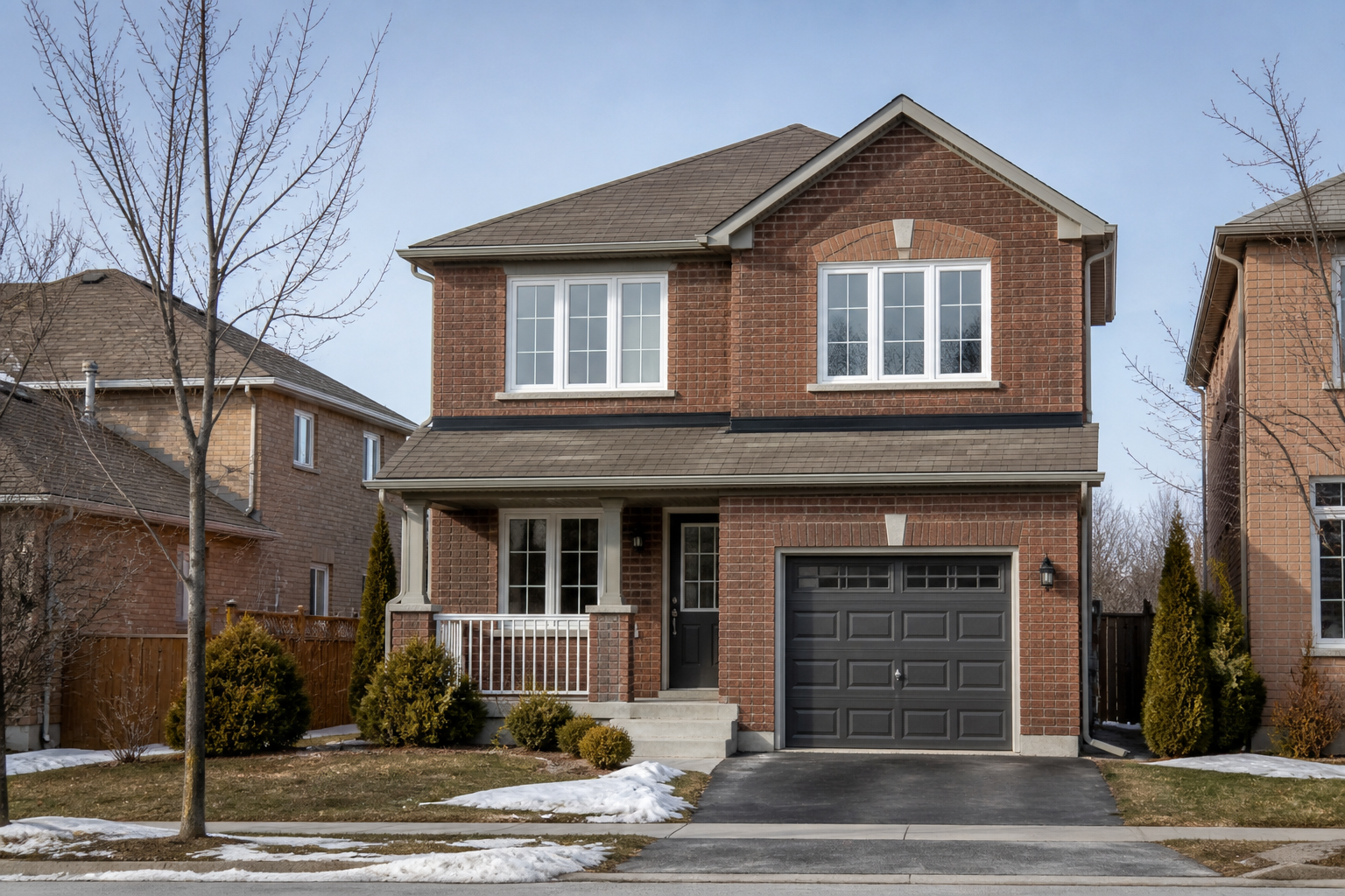 Two-storey Ontario brick home with a mix of upper and lower hung windows