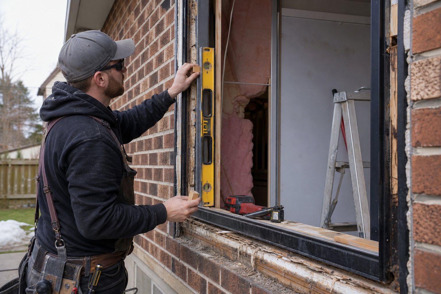 Installer measuring and leveling a new hung window opening during replacement