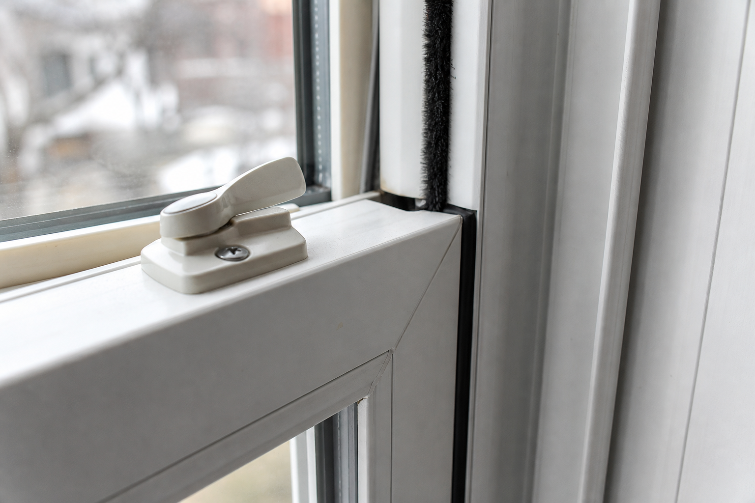Close-up of a double-hung window tilt latch and weatherstripping