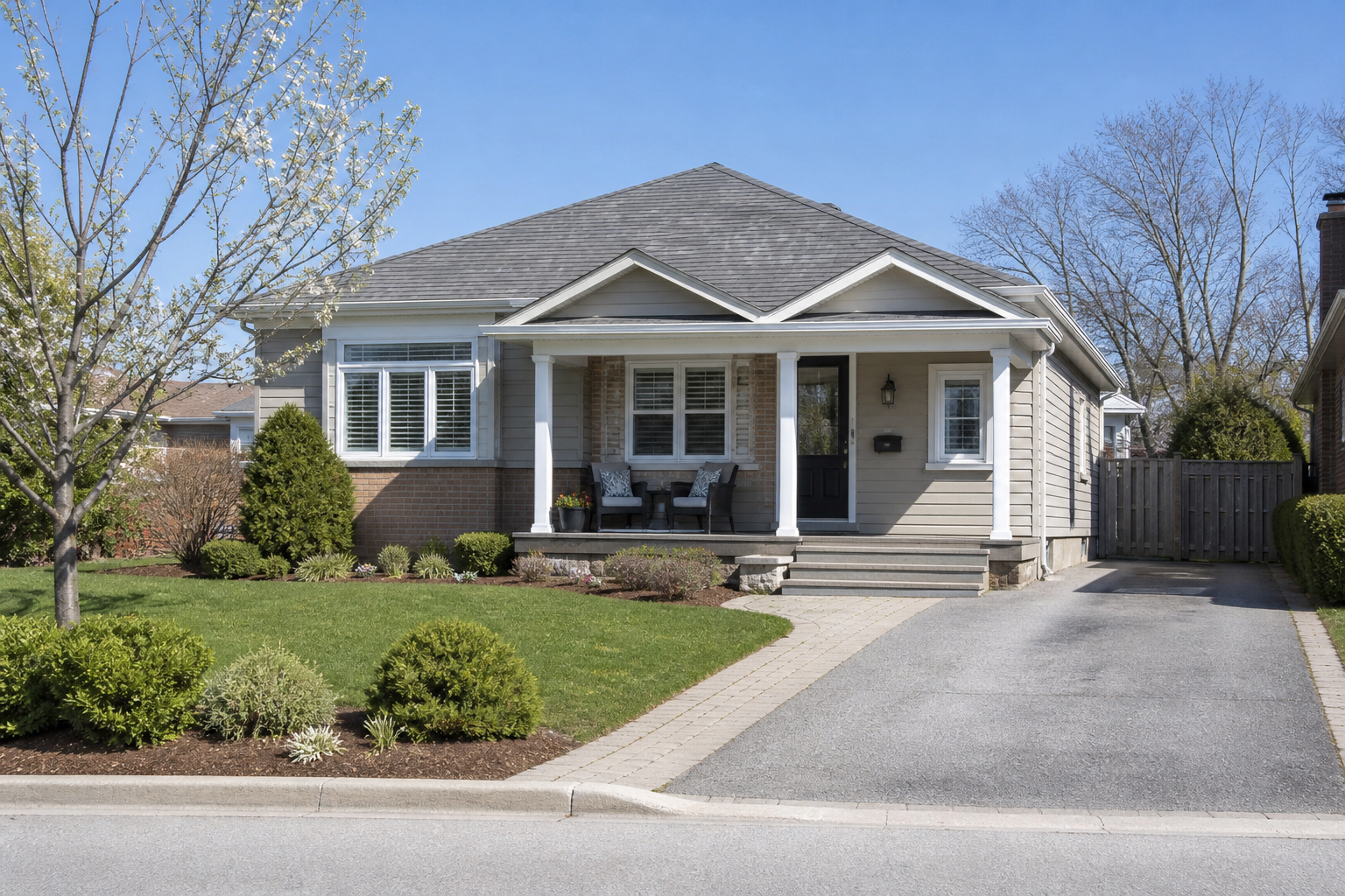 Ontario bungalow with a covered porch and neatly trimmed windows on a clear spring day