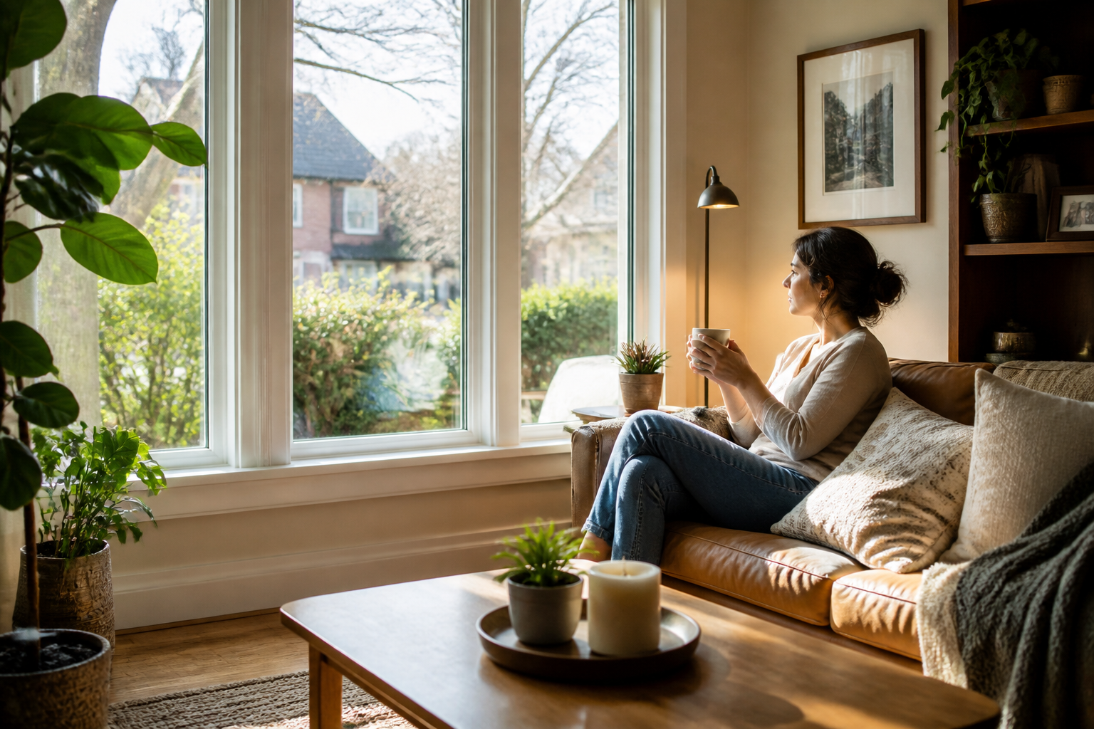 Bright living room with sunlight around a window with clean interior casing