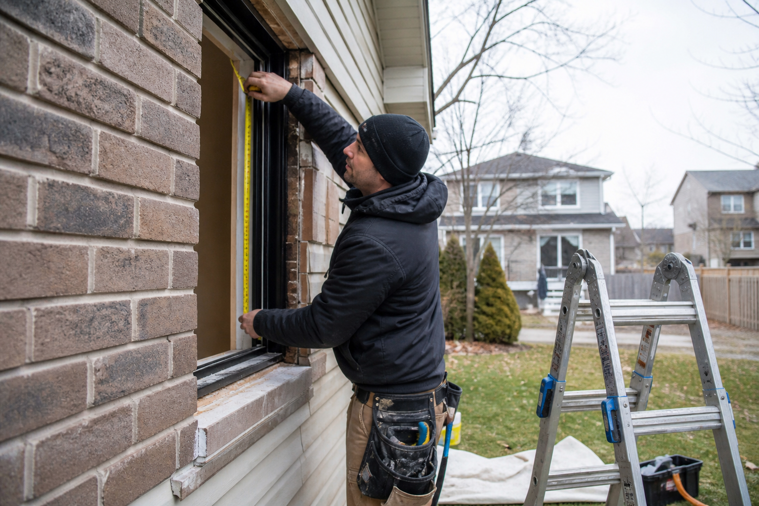 Installer measuring and checking exterior window trim on a residential job site