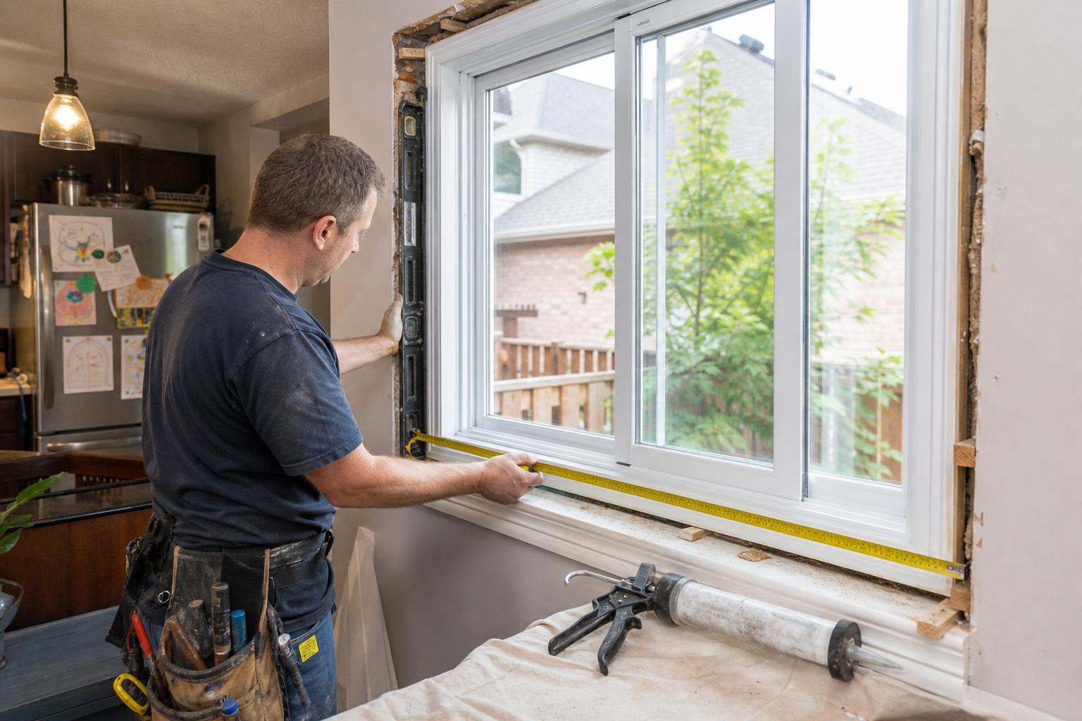 Installer measuring and checking trim around a newly installed vinyl window inside a home