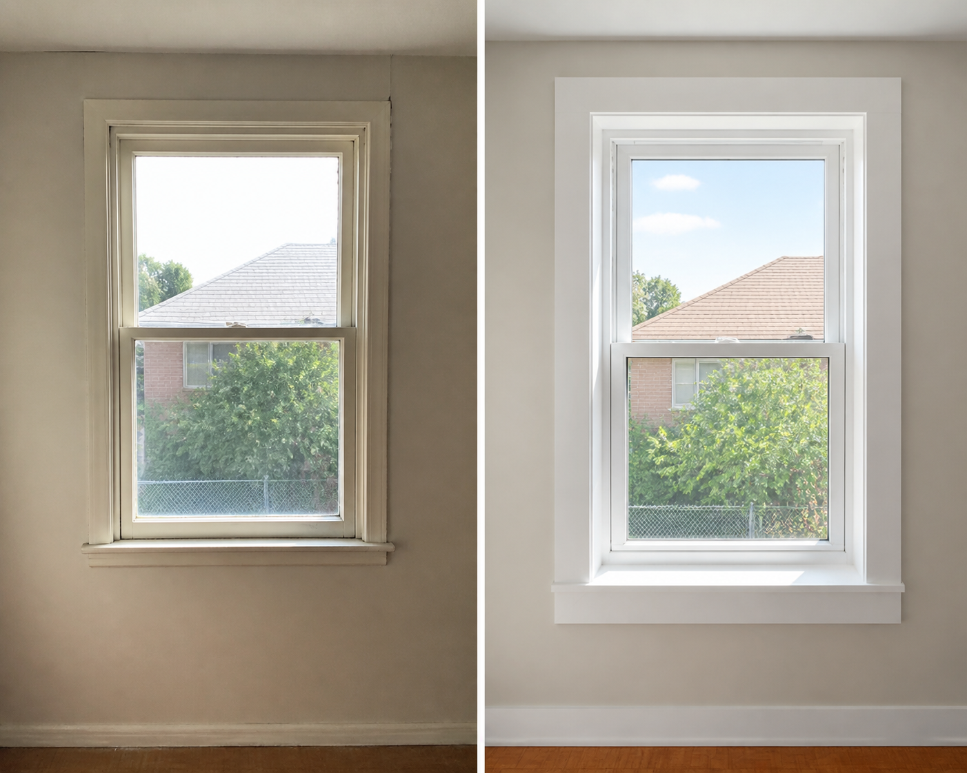 Side-by-side view of a plain poorly finished window and a neatly trimmed new vinyl window