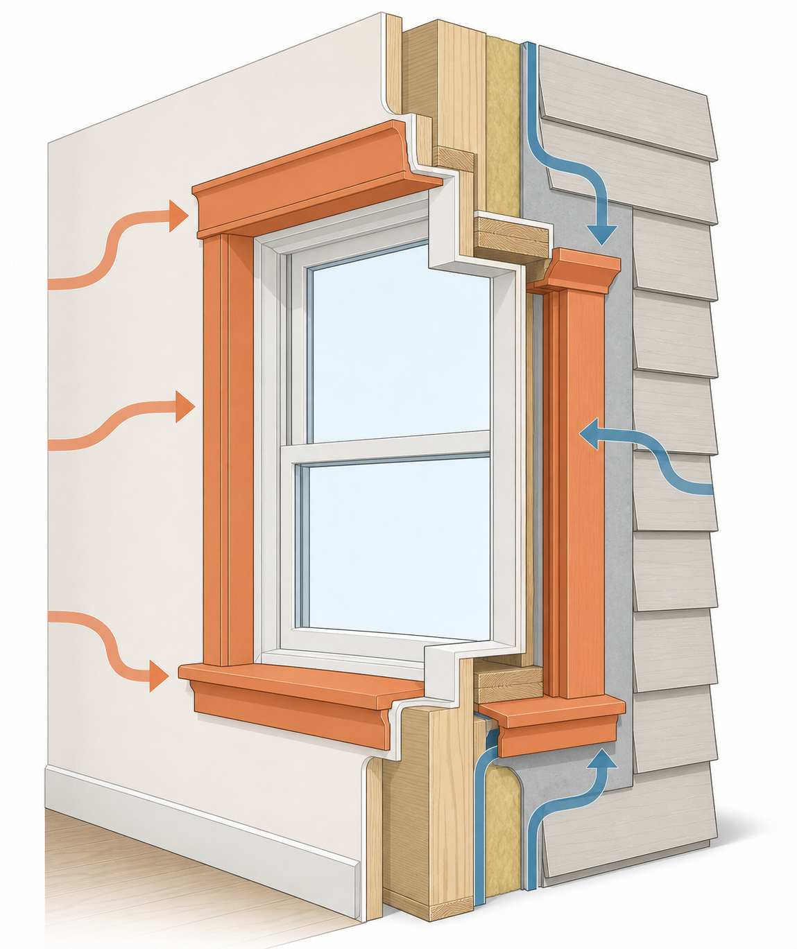 Simple diagram showing interior casing, sill, apron and exterior trim around a window opening