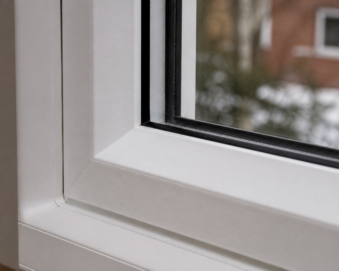 Macro close-up of a vinyl window frame corner showing weatherstripping and the sealed glass edge