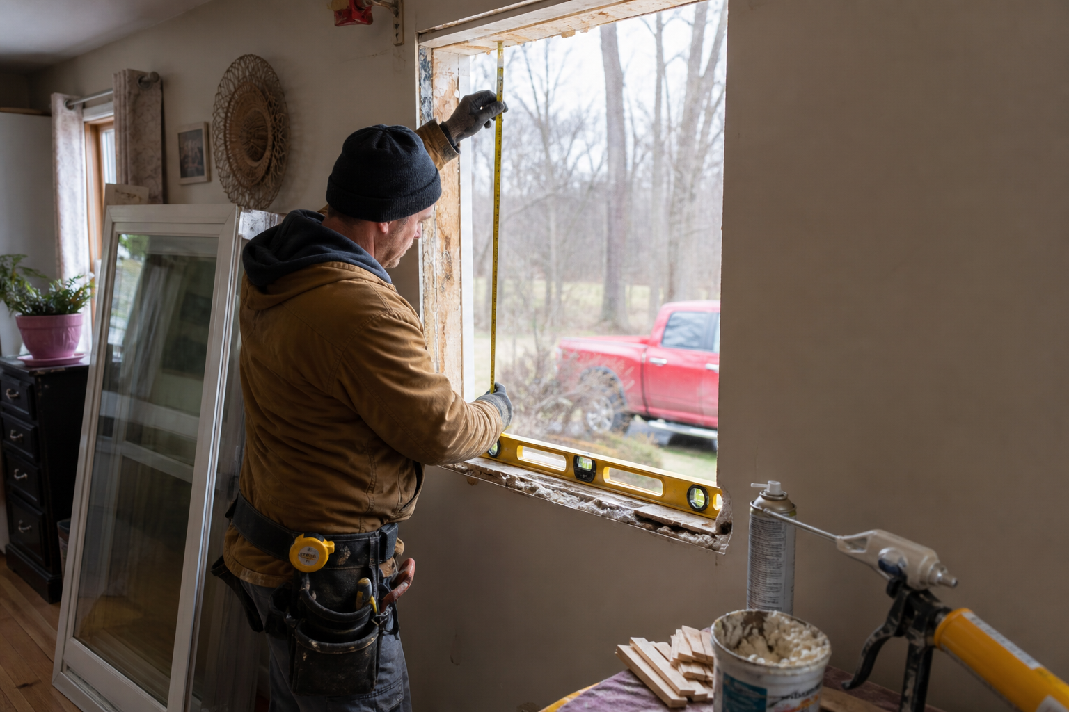 Installer measuring and levelling a new vinyl window opening during a home window replacement
