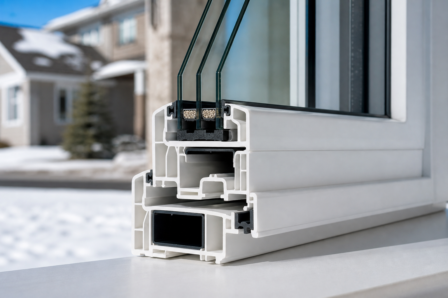 Close-up of a vinyl window frame corner showing weatherstripping and insulated glass edge spacer
