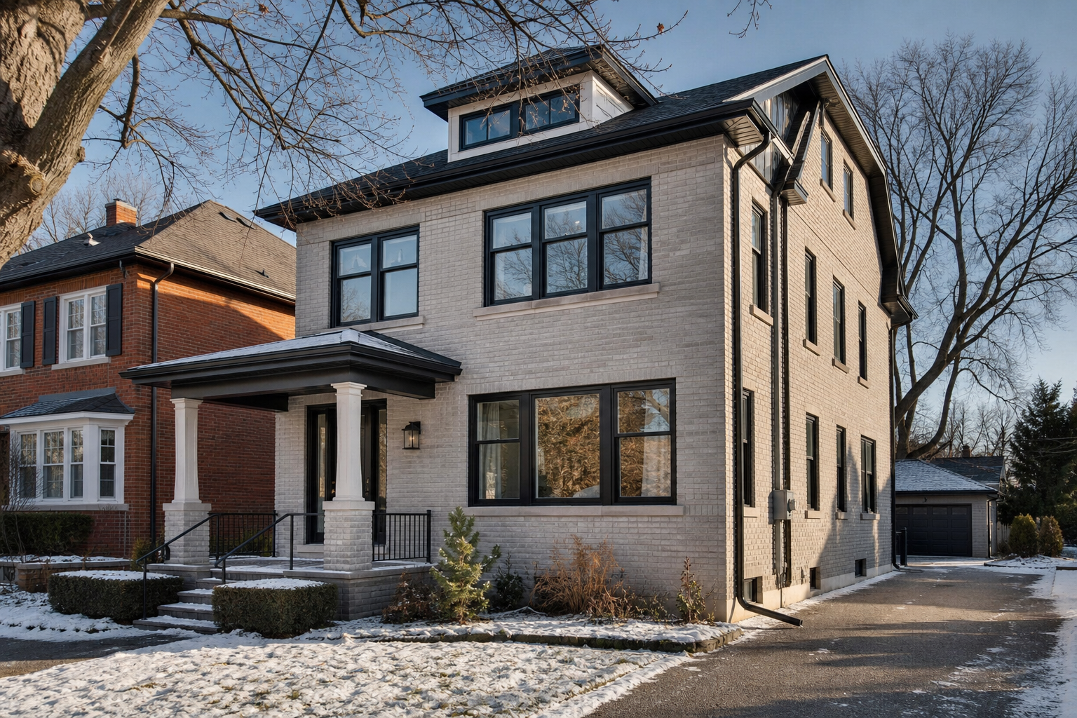 Exterior of a detached Ontario home with new vinyl windows in winter light