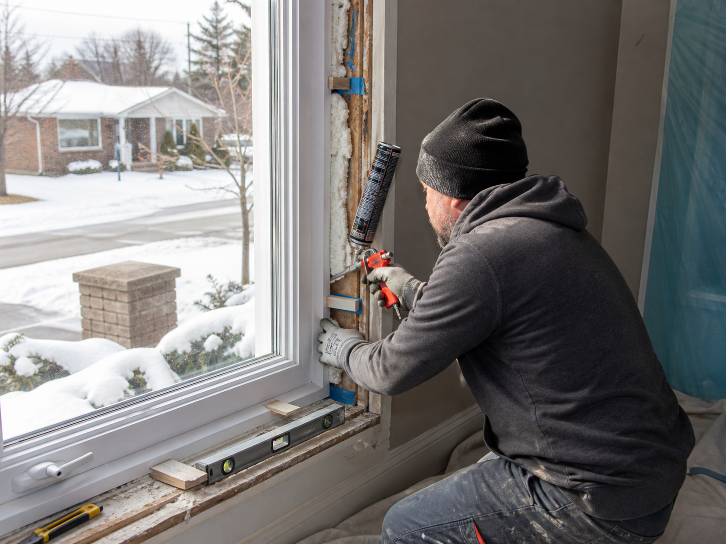 Installer applying spray foam insulation around a newly set vinyl window during a winter replacement job