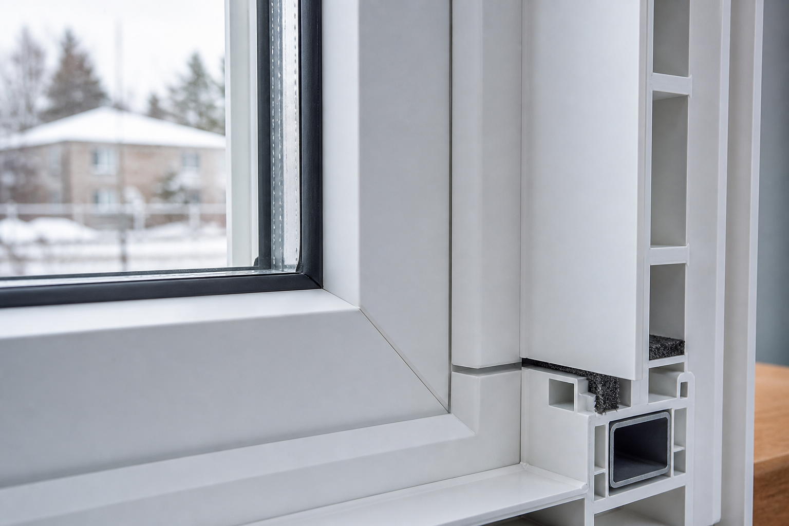 Close-up of vinyl window weatherstripping and frame edge showing a tight seal
