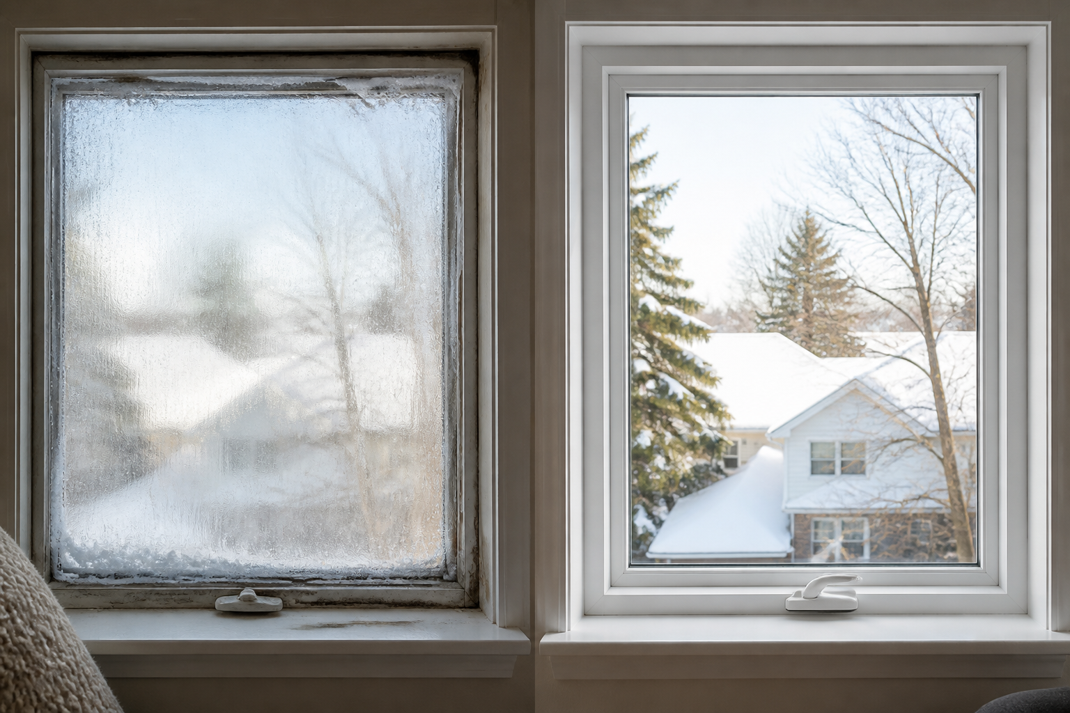 Old drafty window with condensation beside a clear new vinyl window