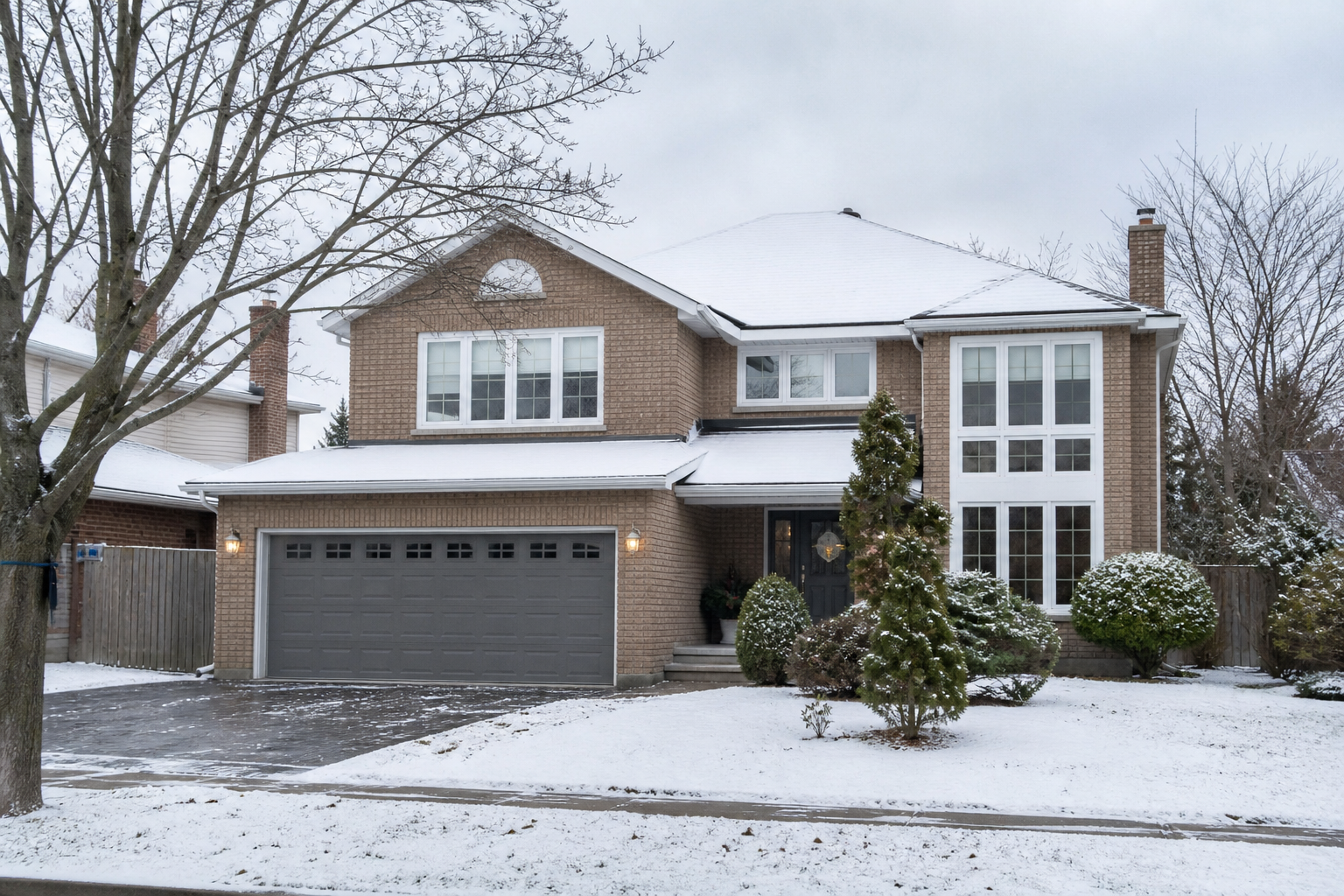 Exterior of a detached Ontario home in winter showing updated vinyl windows