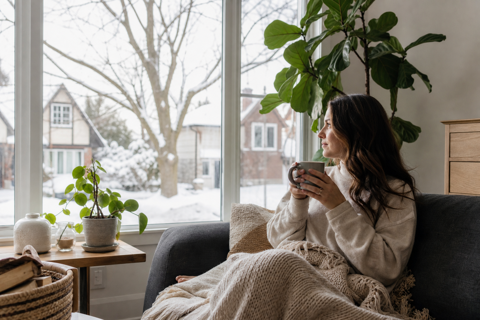 Homeowner relaxing in a bright living room near large windows on a winter day