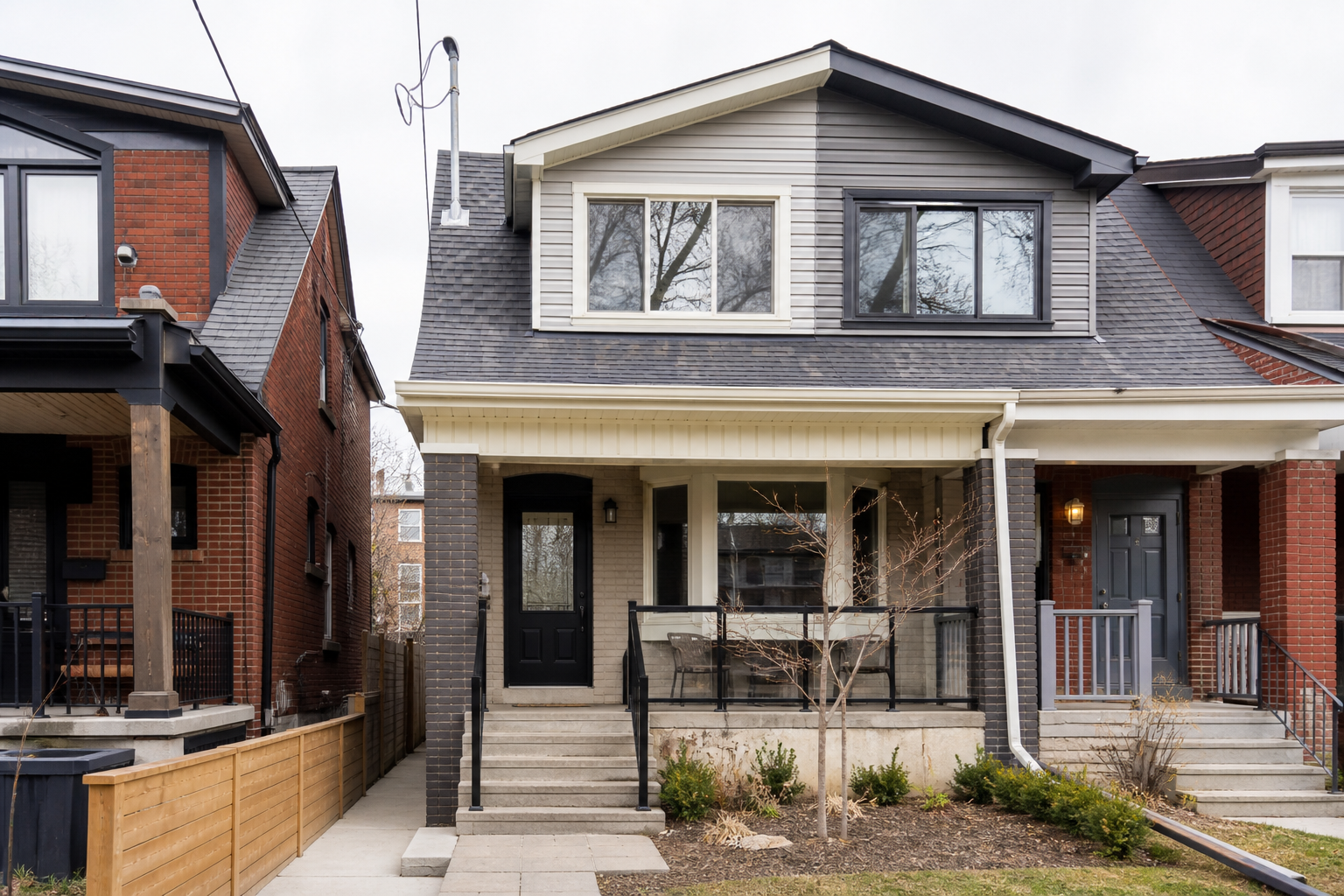 Semi-detached Toronto house with updated vinyl windows on an overcast day