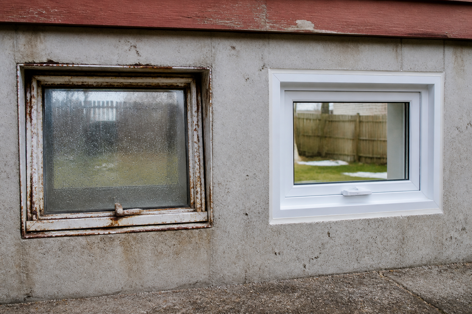 Old basement hopper window with condensation beside a new clear vinyl hopper window