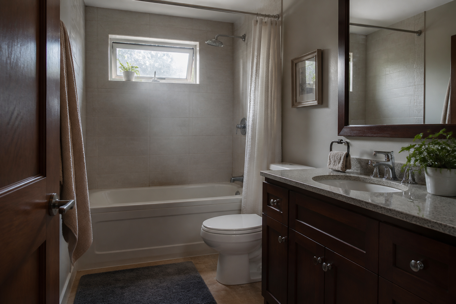 Bright bathroom with soft daylight from a small upper hopper window