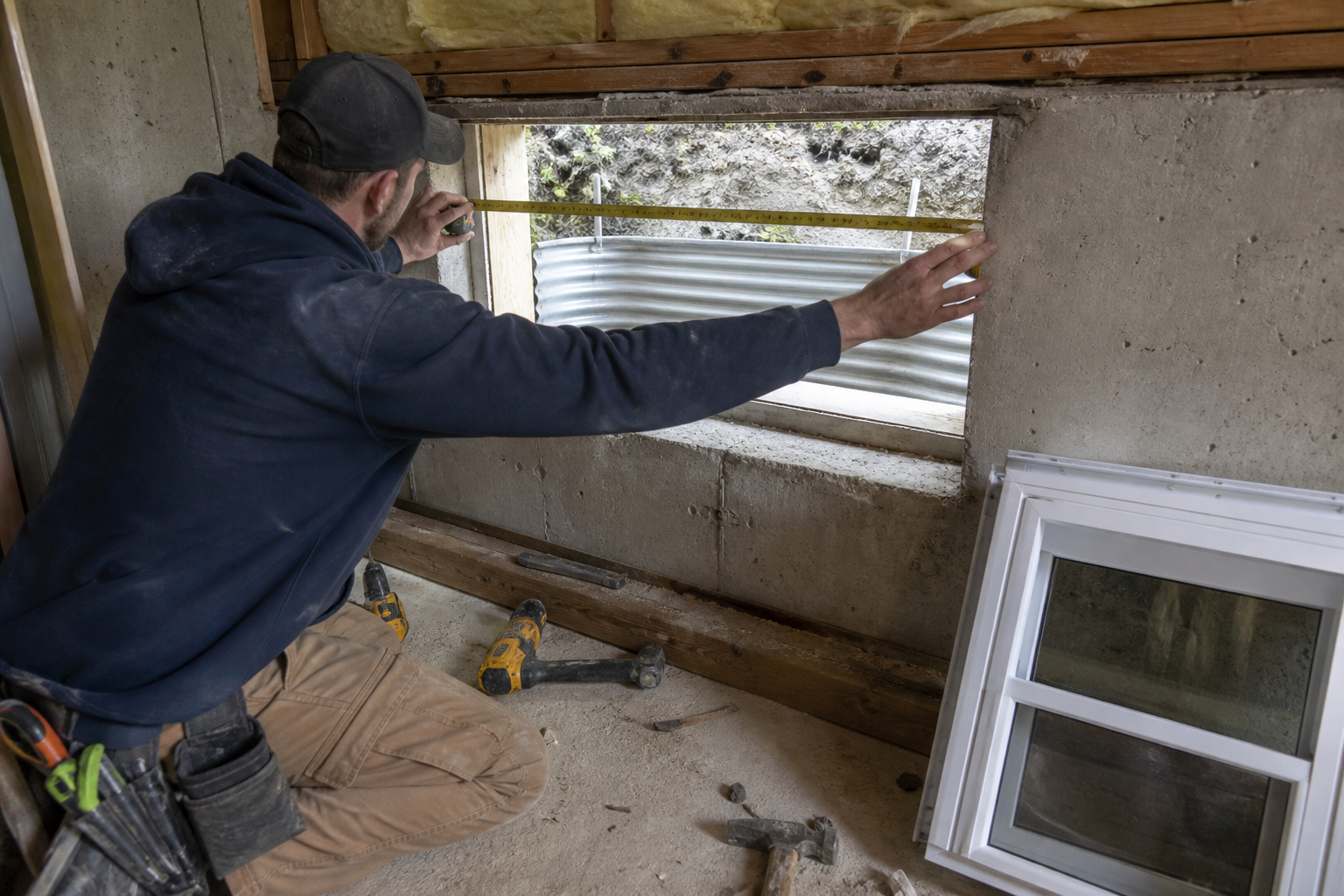 Installer measuring a basement window opening before installing a vinyl hopper window