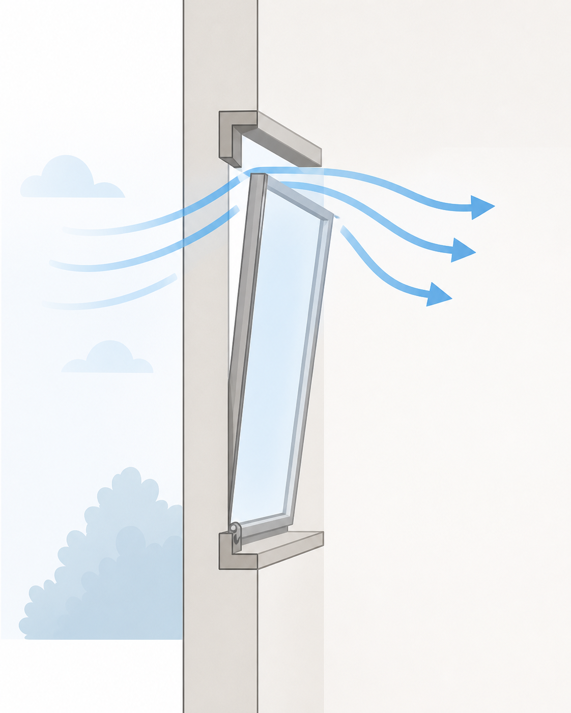 Simple diagram showing how a hopper window swings inward from the top with airflow arrows