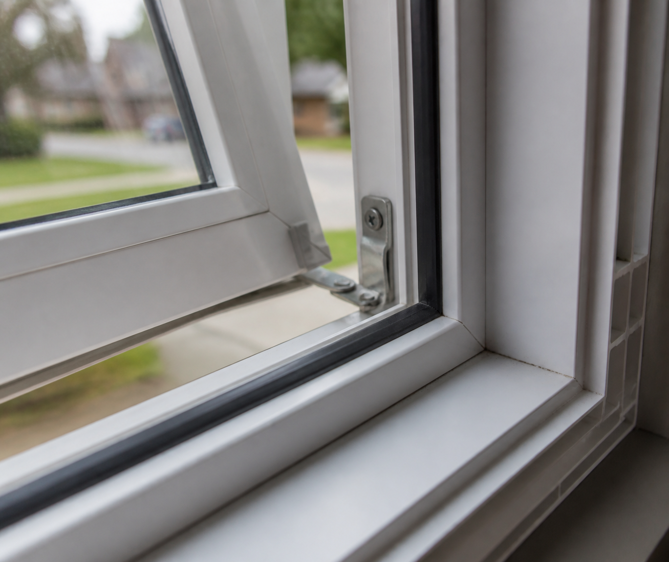 Close-up of a vinyl hopper window corner showing the weatherstripping, hinge area, and welded frame detail